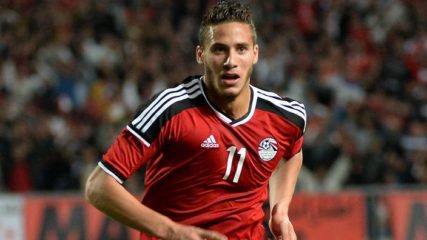 Egypt's Ramadan Sobhi celectats his goal against Nigeria during their African Cup of Nations group G qualification football match between Egypt and Nigeria at the Borg el-Arab Stadium in Alexandria on March 29, 2016. / AFP / KHALED DESOUKI (Photo credit should read KHALED DESOUKI/AFP/Getty Images)