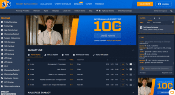 Zrzut ekranu strony głównej biura bukmacherskiego STS